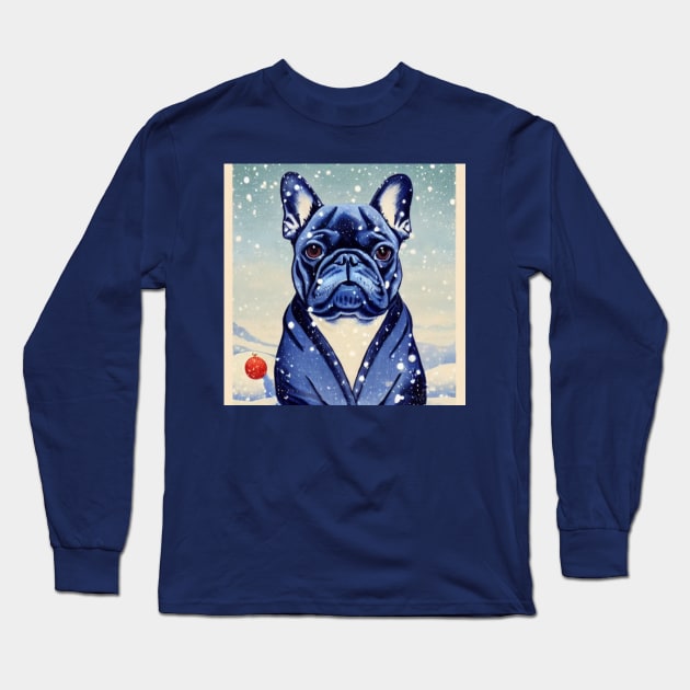 Cutest Blue French Bulldog Puppy Sitting in Snow Christmas Season Long Sleeve T-Shirt by Mochabonk